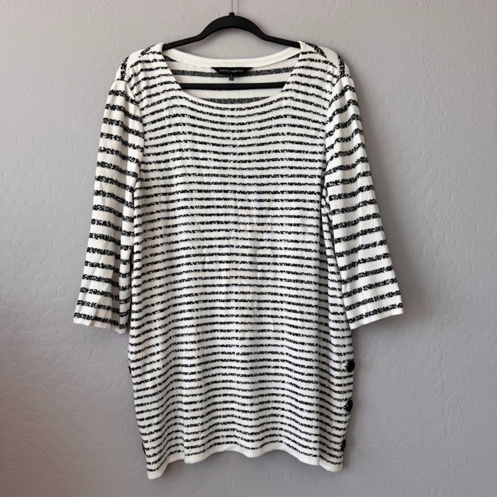 Ming Wang Large Tunic Top White Black 3/4 Sleeve Striped Side Button Knit